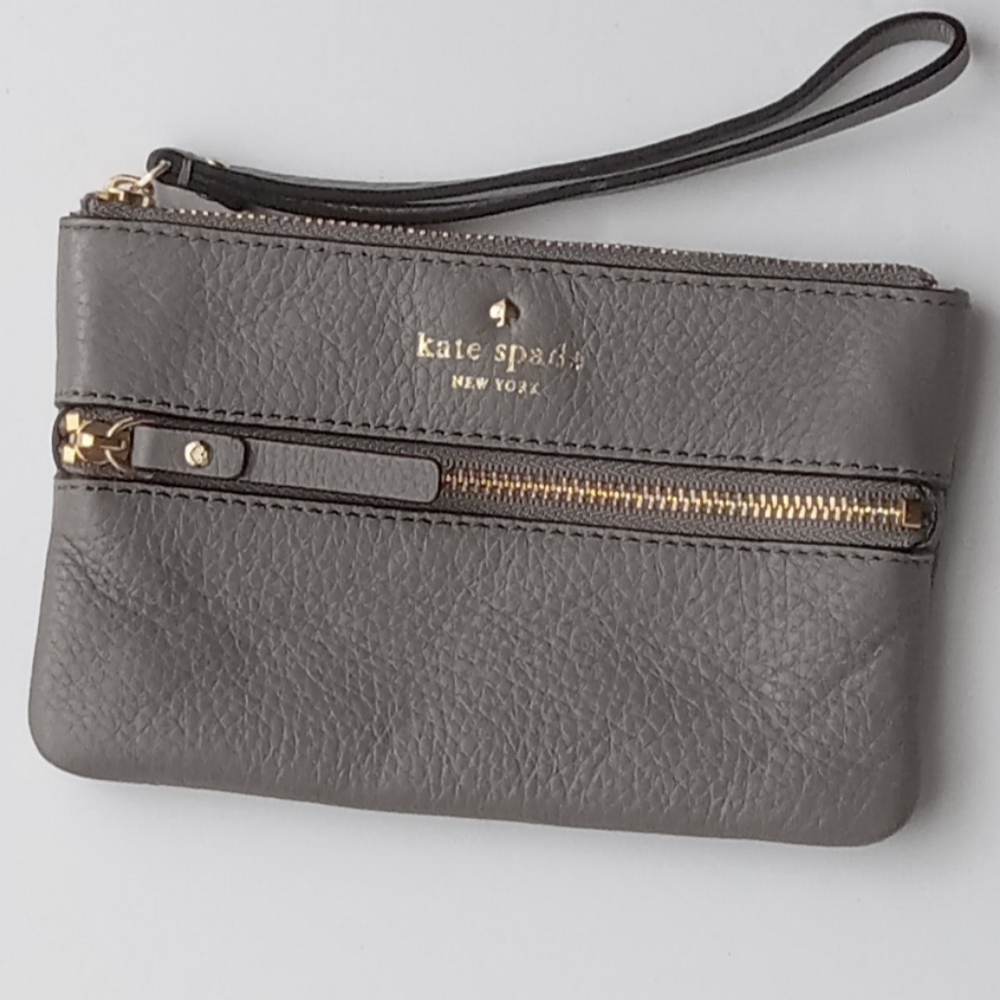 🩷💚⚜️Kate Spade⚜️🩷💚Vintage Leather Wristlet Card Coin Gray Double Pouch Small - Picture 5 of 6
